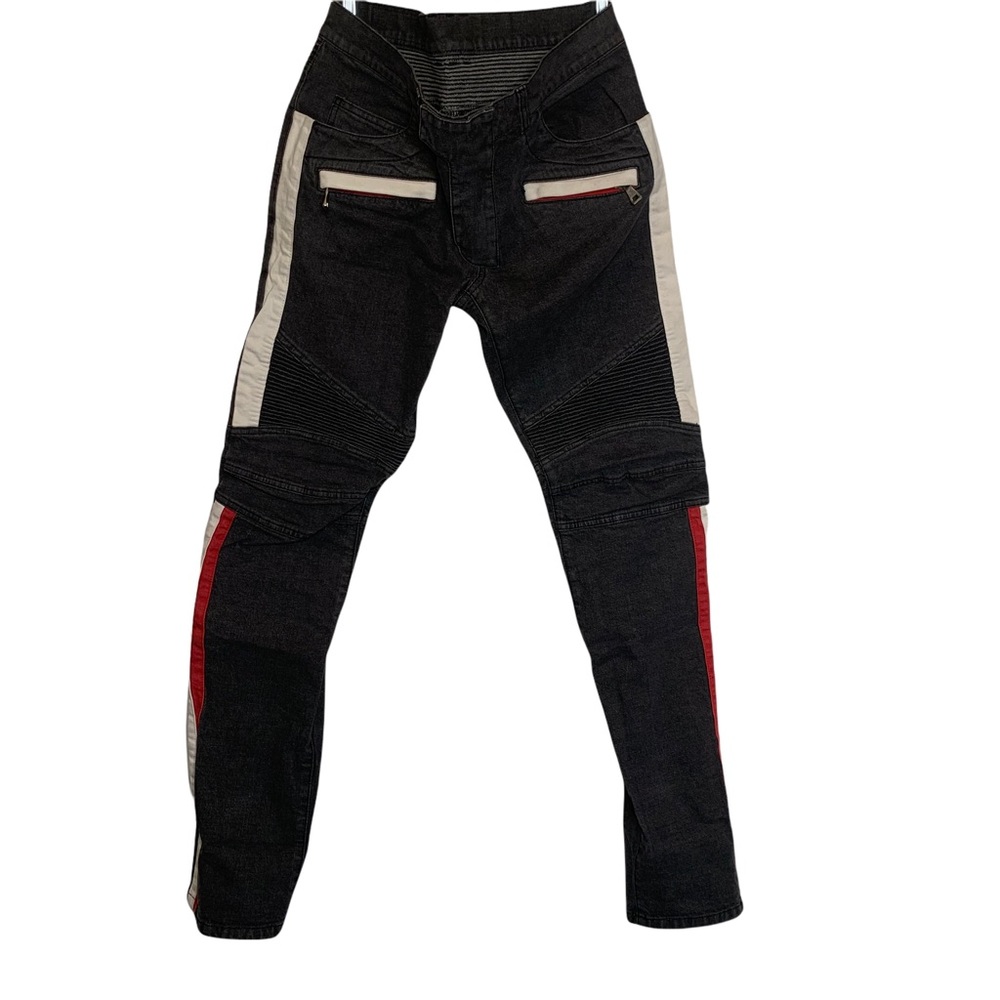 BALMAIN Jean with Red White Zip Moto Pants Size 32